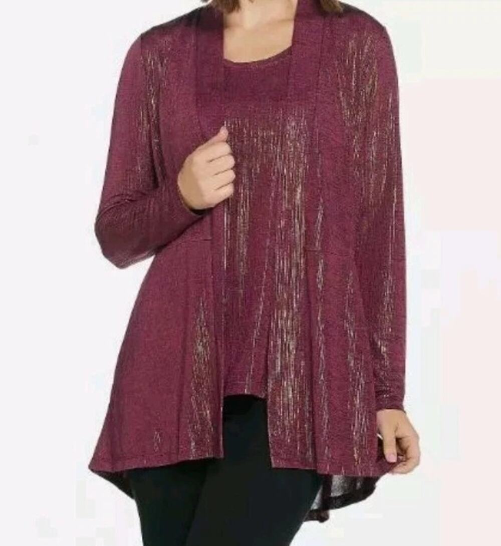 Susan Graver 2 Pc Plum Metallic Cardigan Tank Set 1X Plus Open Front Stretch